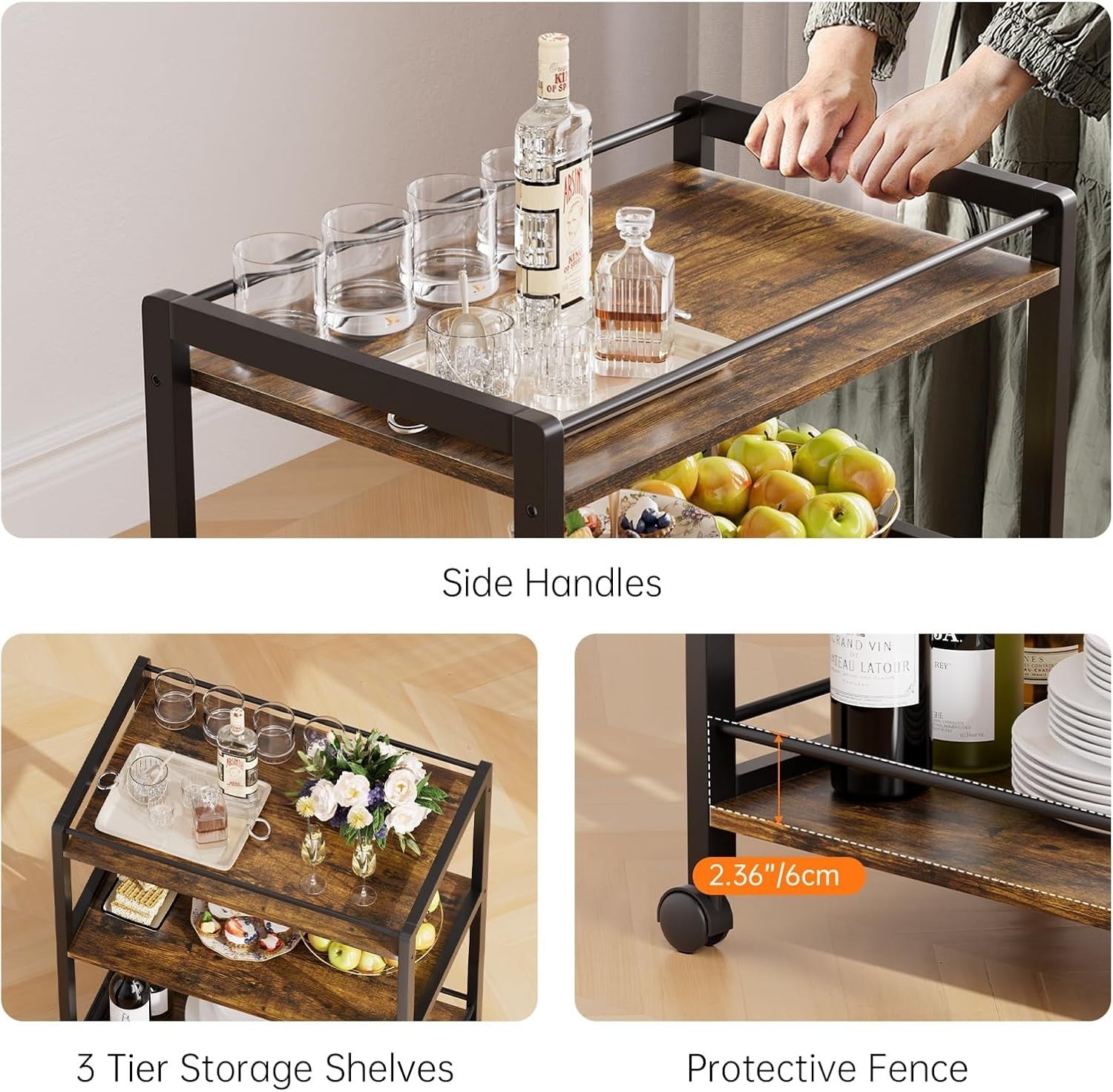 64x40x85cm Rustic Brown Bar Cart 3 Tier Drinks Trolley