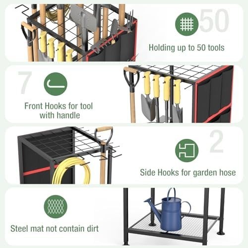 Corner Garden Tool Organizer Metal Rack with Side Pouch for Rakes Shovels