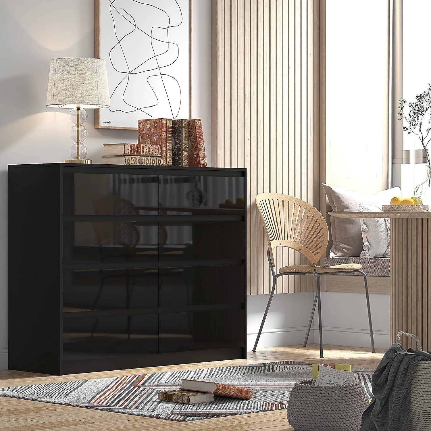 8 Drawer High Gloss Black Sideboard Chest - Modern Storage, Bedroom & Office