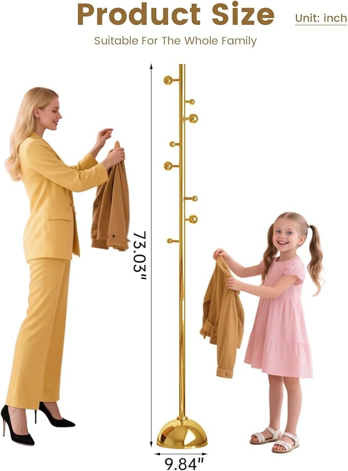Gold Metal Coat Rack with 8 Hooks | Freestanding Modern Hall Tree for Bedroom