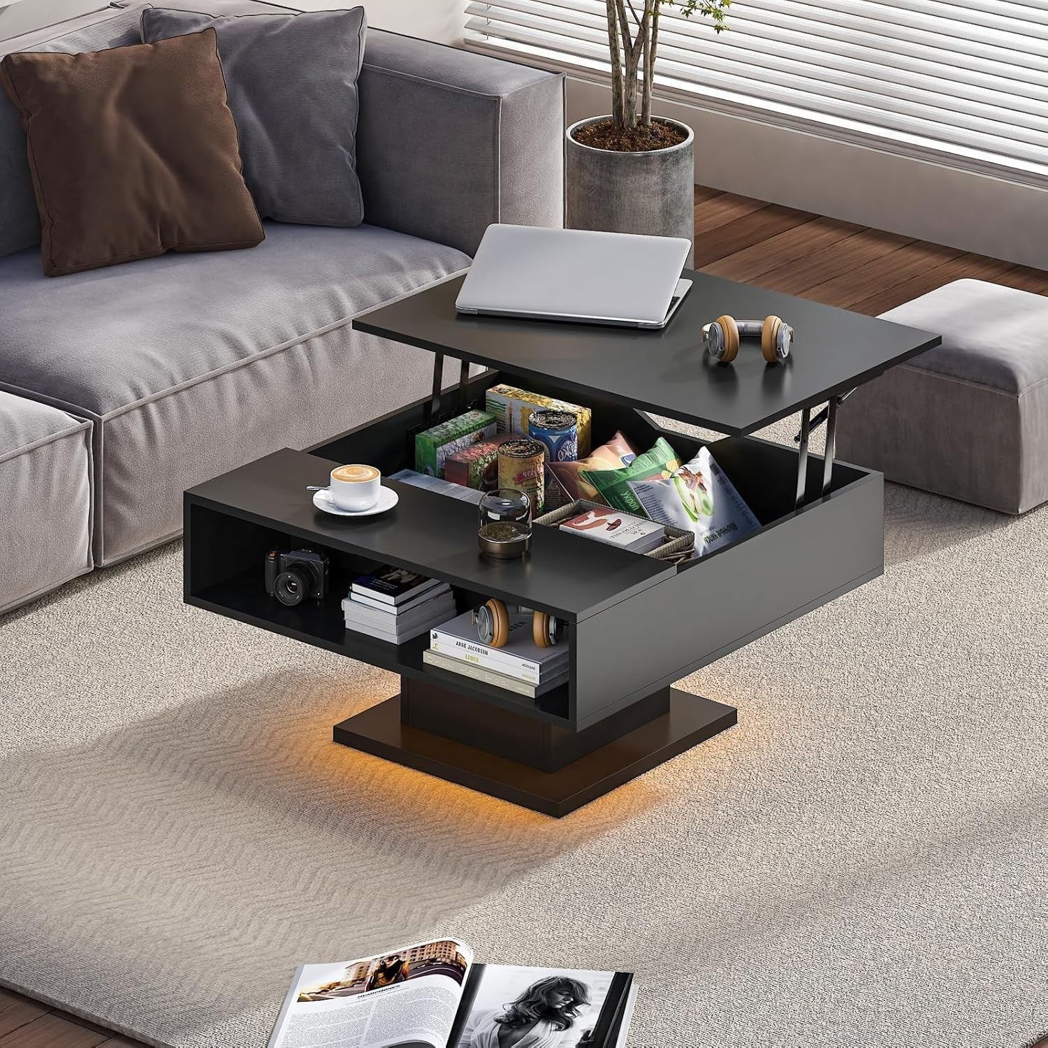 Lift Top LED Coffee Table with Storage 78x78cm – Black Modern Living Room