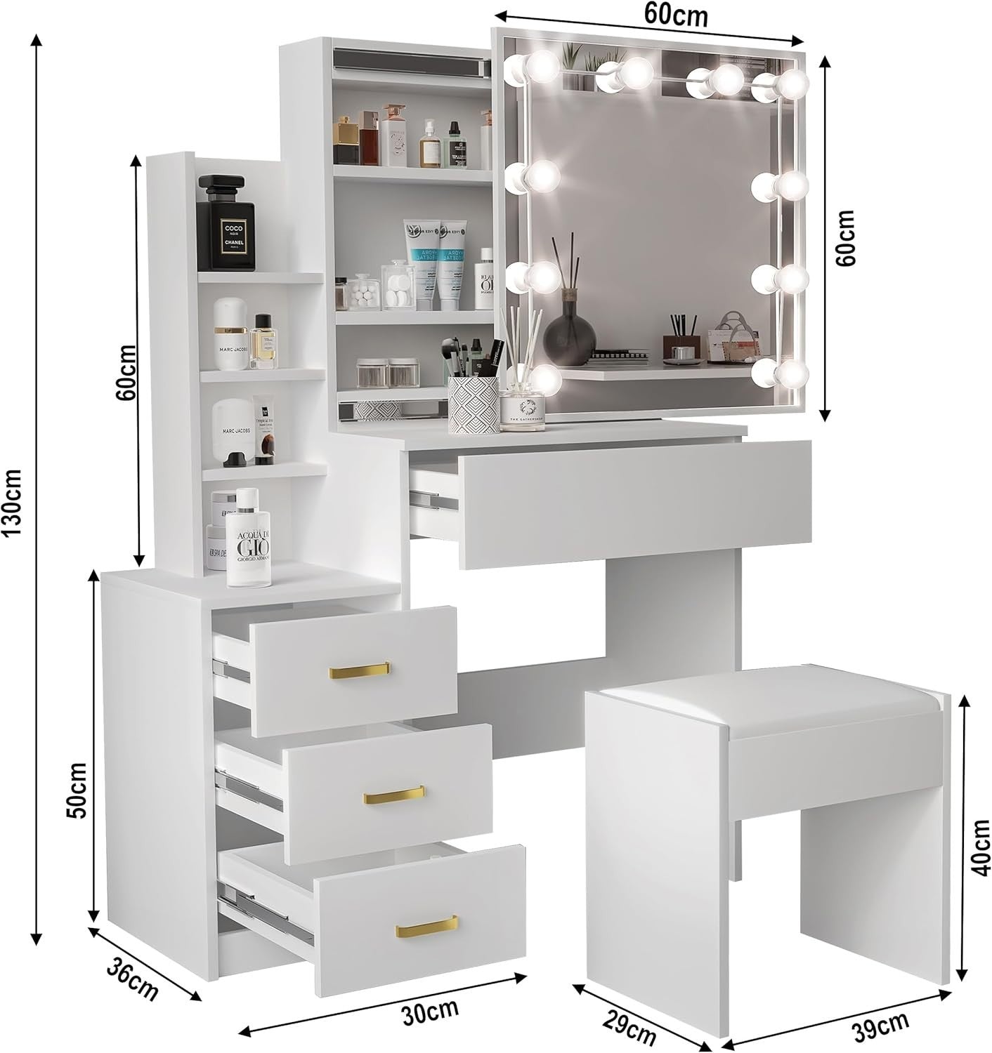 White Dressing Table Set w/LED Mirror Lights 3 Drawers Open Storage Modern