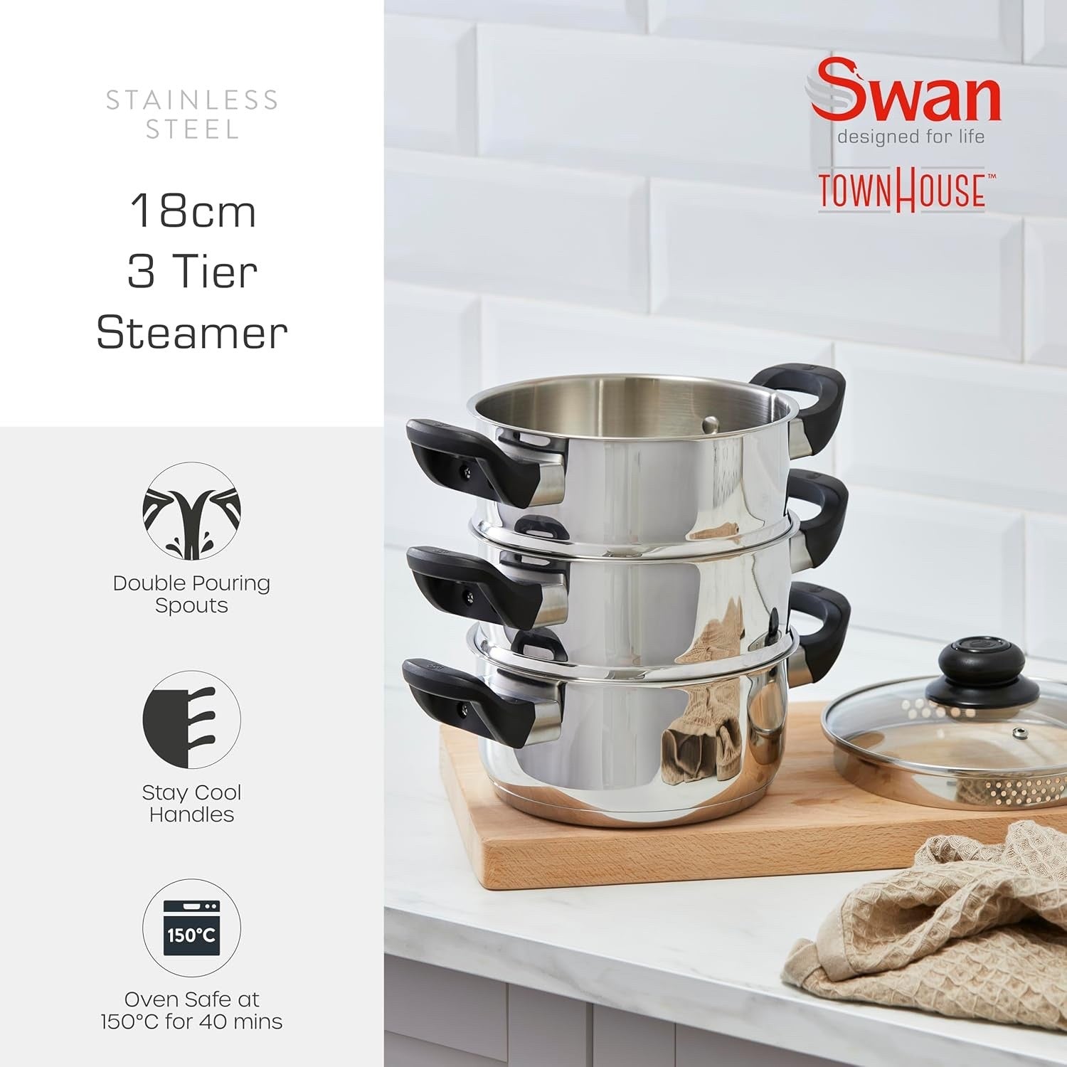 3Tier Stainless Steel Steamer Pot with Glass Lid 18 cm Induction Dishwasher Safe