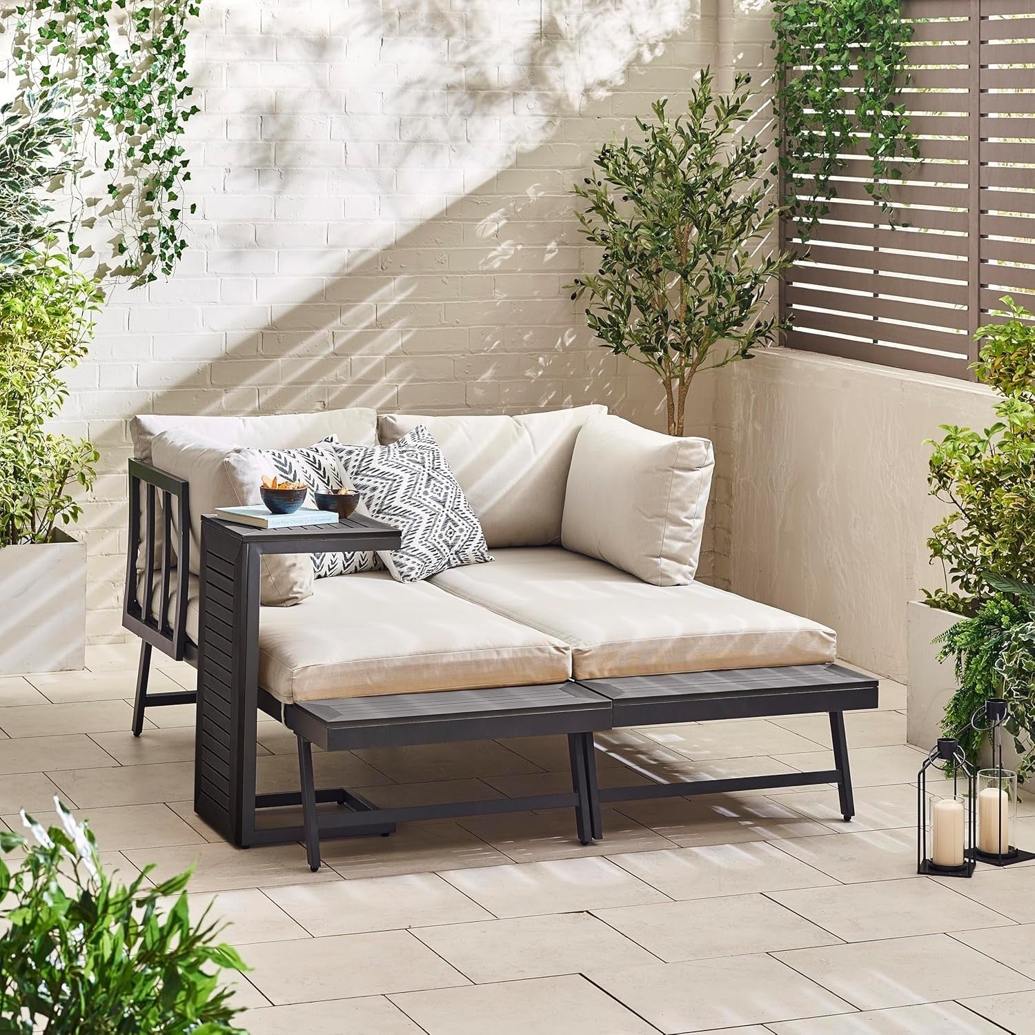 2-Seater Modular Garden Sofa Set Grey Metal & Rattan Outdoor Lounge Table