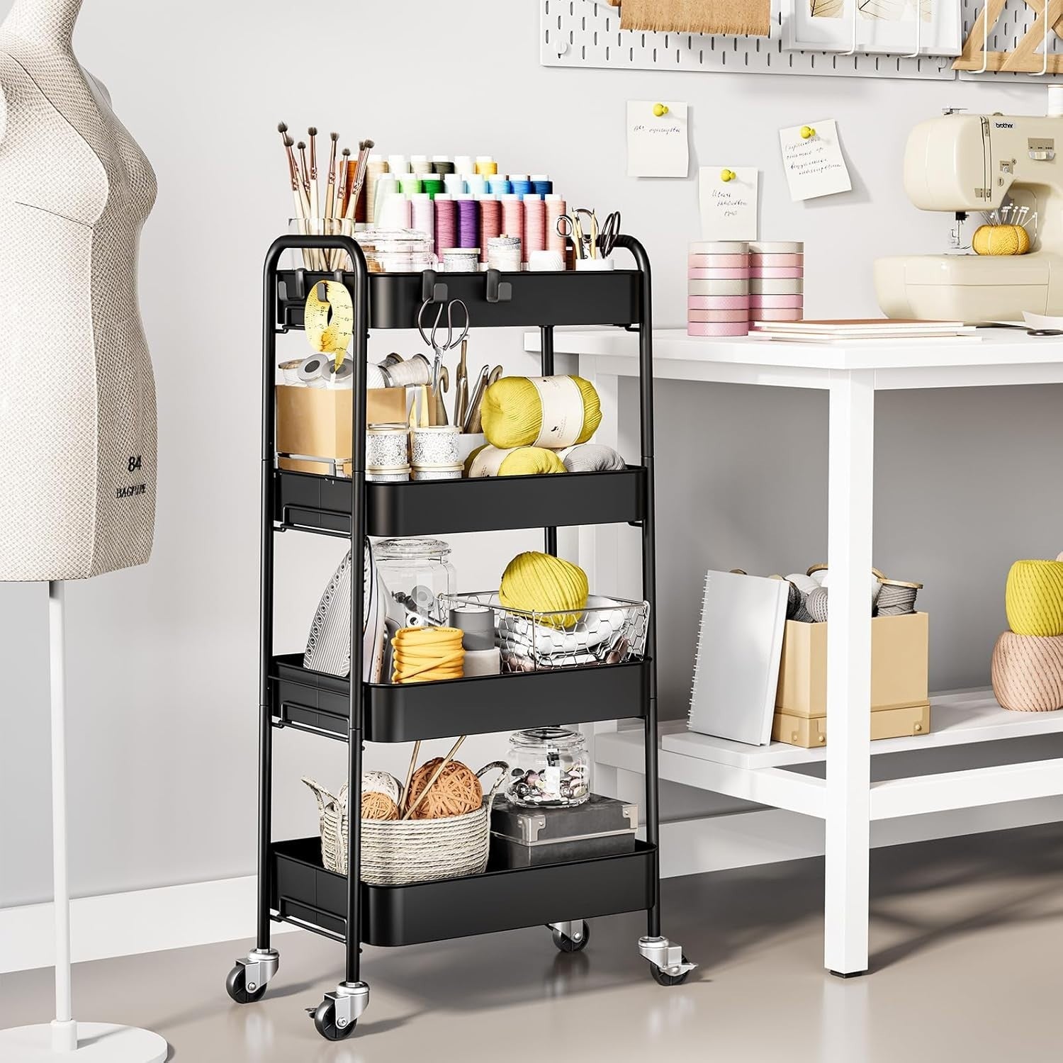 4 Tier Rolling Storage Cart Metal Utility Trolley Organizer on Wheels