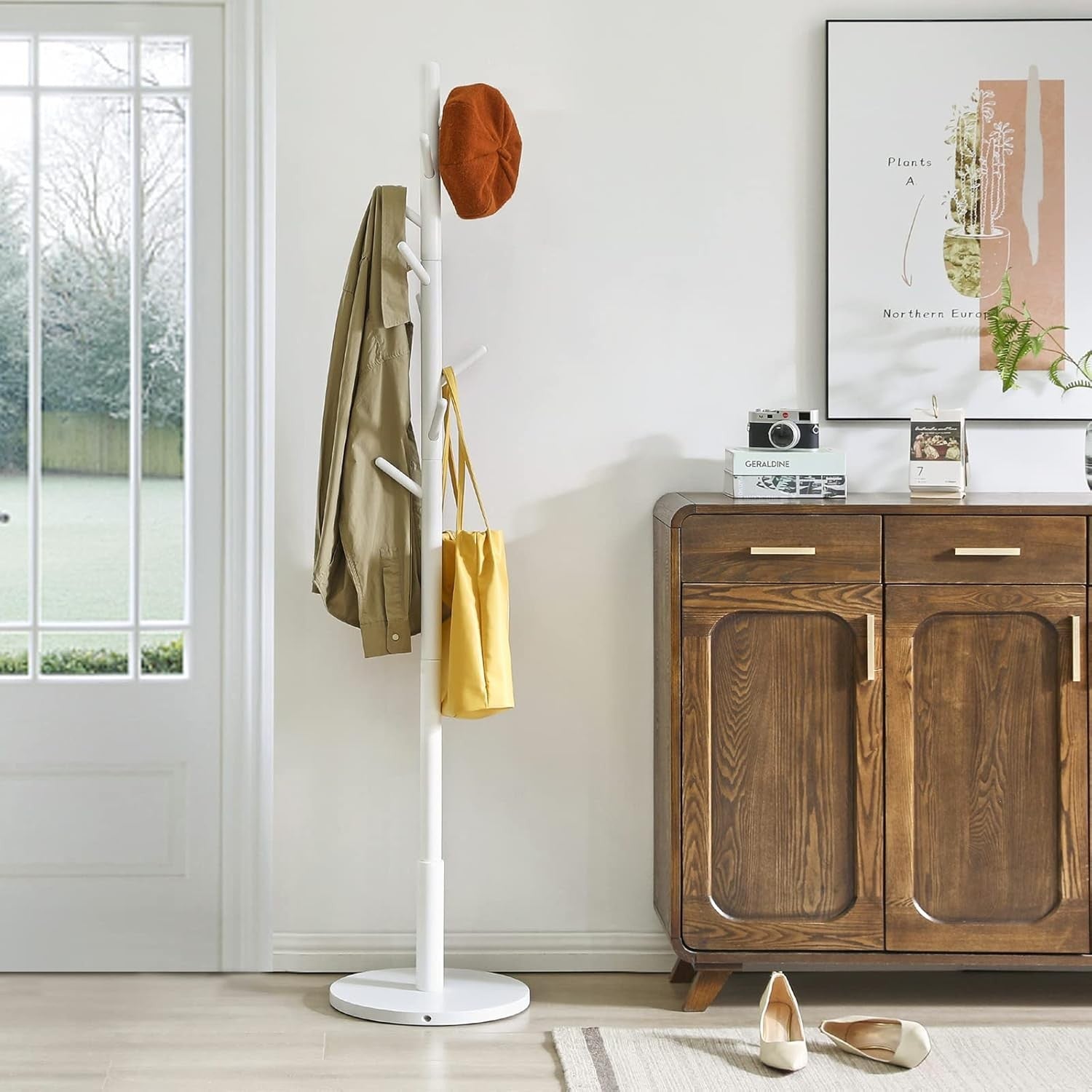 White Wooden Coat Rack Stand | 8 Hooks Round Base Hall Tree for Clothes Hats