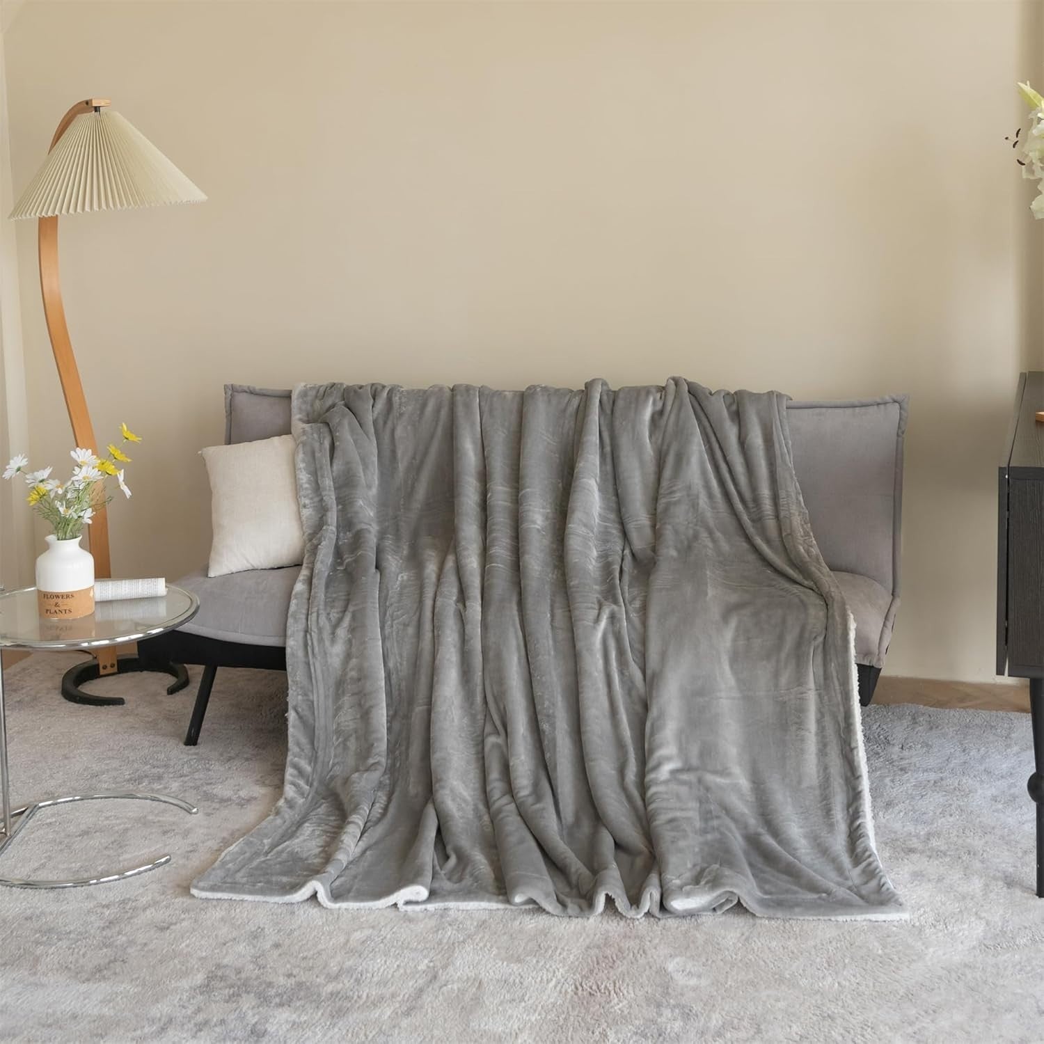 Soft Sherpa Fleece Throw Blanket Grey 130x150cm Reversible Warm