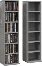 Set of 2 High Gloss Grey Media Storage Towers – Adjustable CD DVD Blu-Ray Racks