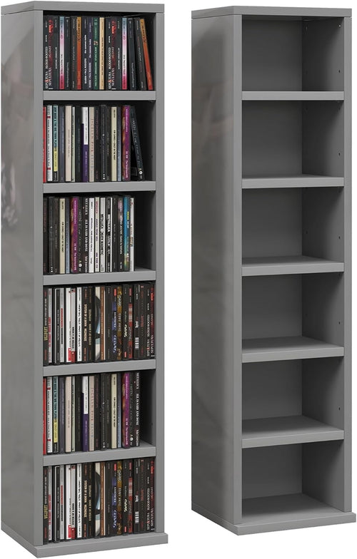 Set of 2 High Gloss Grey Media Storage Towers – Adjustable CD DVD Blu-Ray Racks