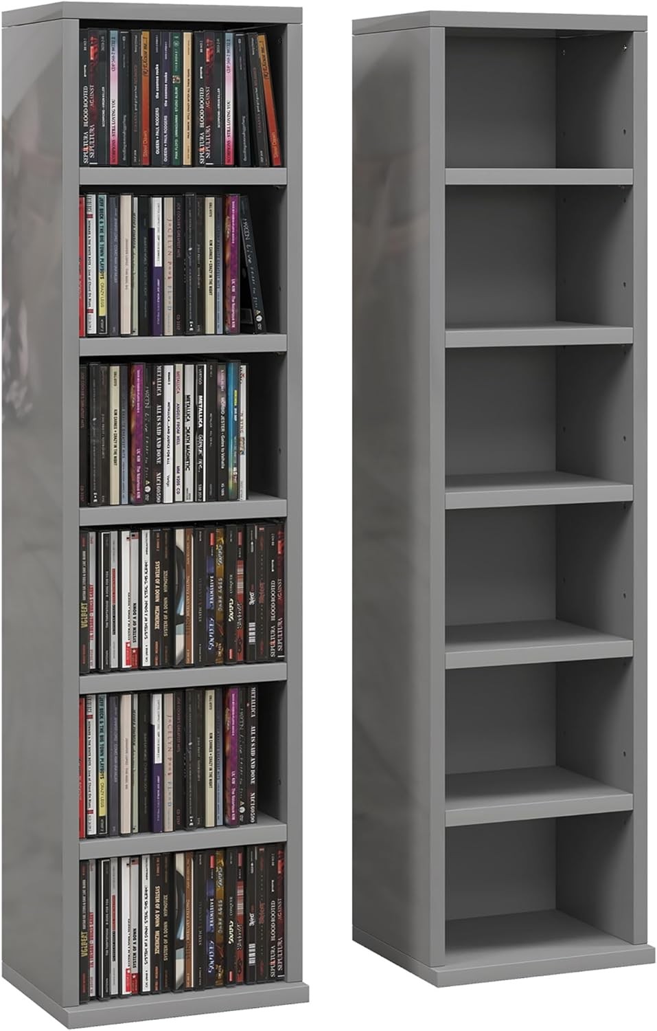 Set of 2 High Gloss Grey Media Storage Towers – Adjustable CD DVD Blu-Ray Racks