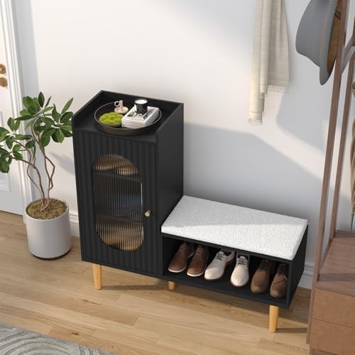 Modern L-Shaped Shoe Storage Bench Cabinet with Glass Doors – Black