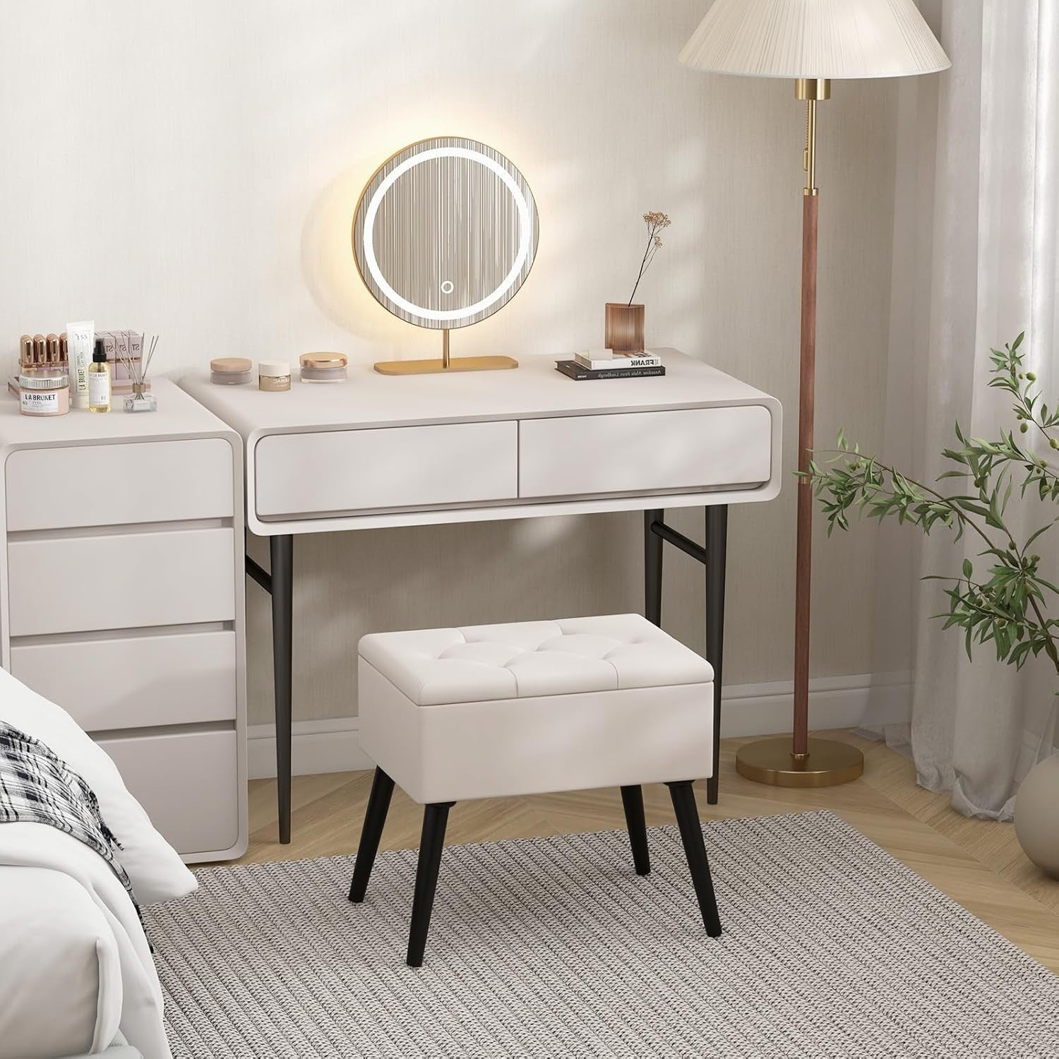 Beige Velvet Flip-Top Footstool Storage Ottoman Vanity Seat w/ Solid Wood Legs