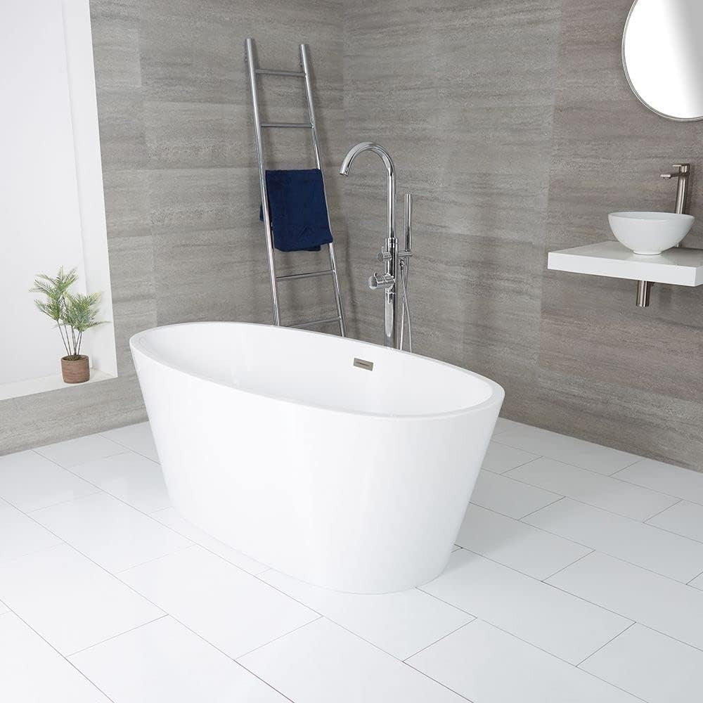 White Double Ended Freestanding Oval Bath 1595x740mm Nickel Overflow