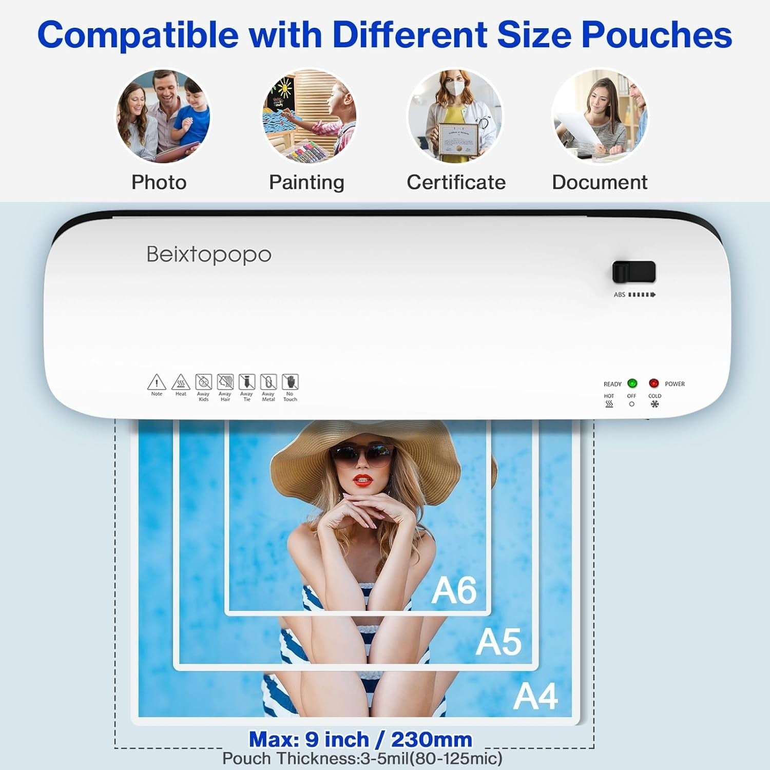 9” A4 Laminator Hot Cold 6-in-1 Anti-Jam Fast Warm-Up + Pouches