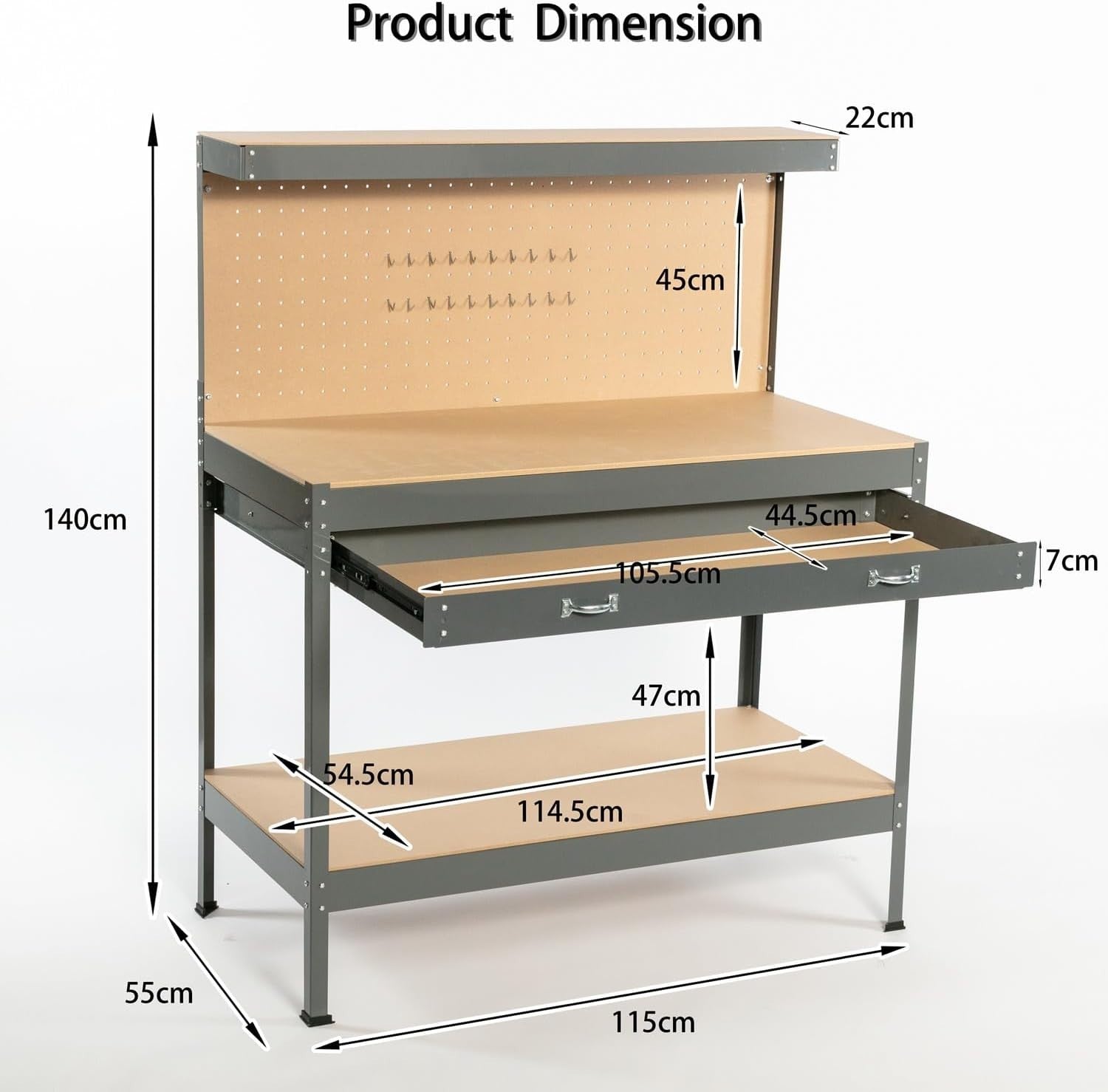 Grey Steel Garage Workbench Tool Station w/ Drawer Pegboard Shelf DIY Storage