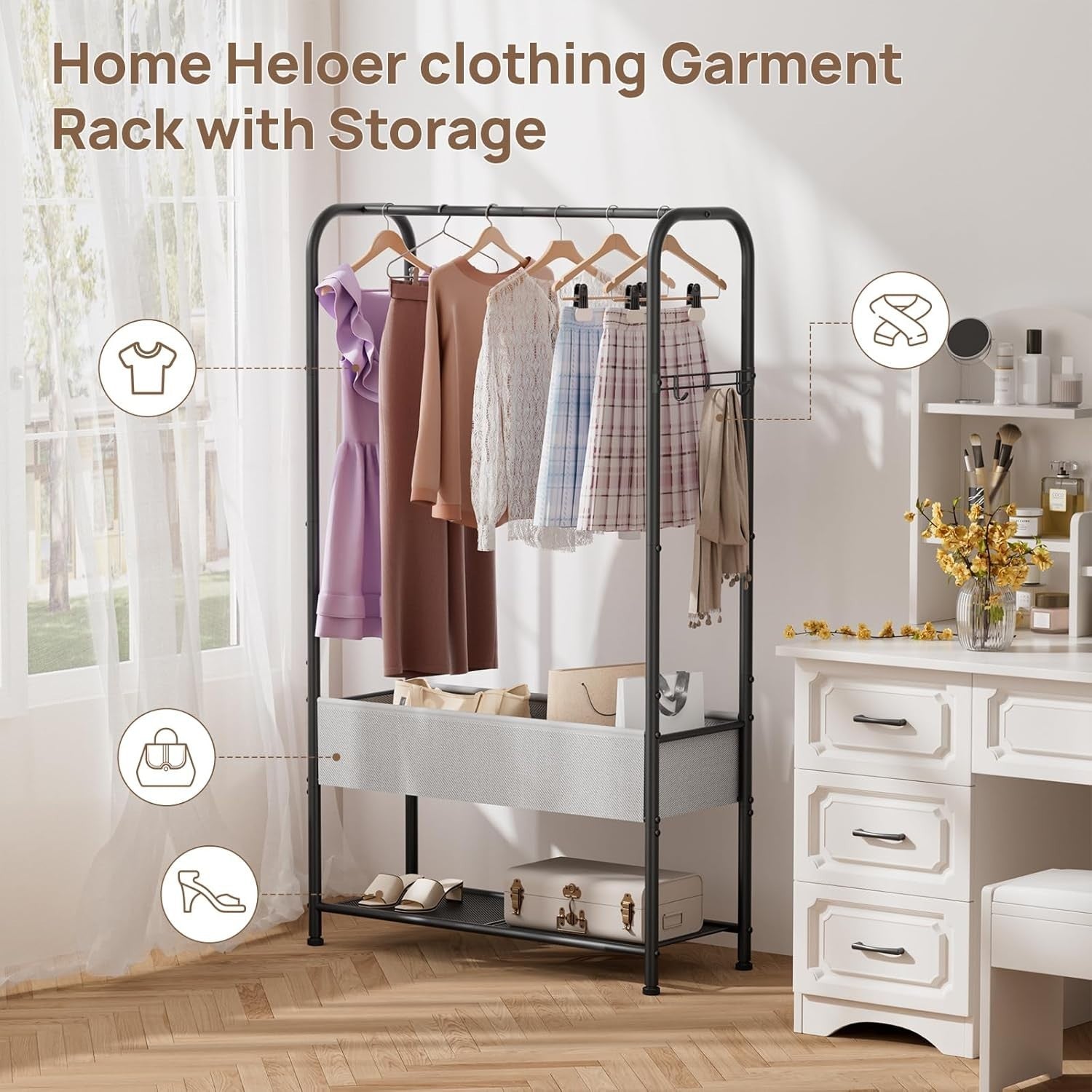 Tall Clothes Rail Black Metal Rack with Wheels, 183cm Height, Bottom Shelf