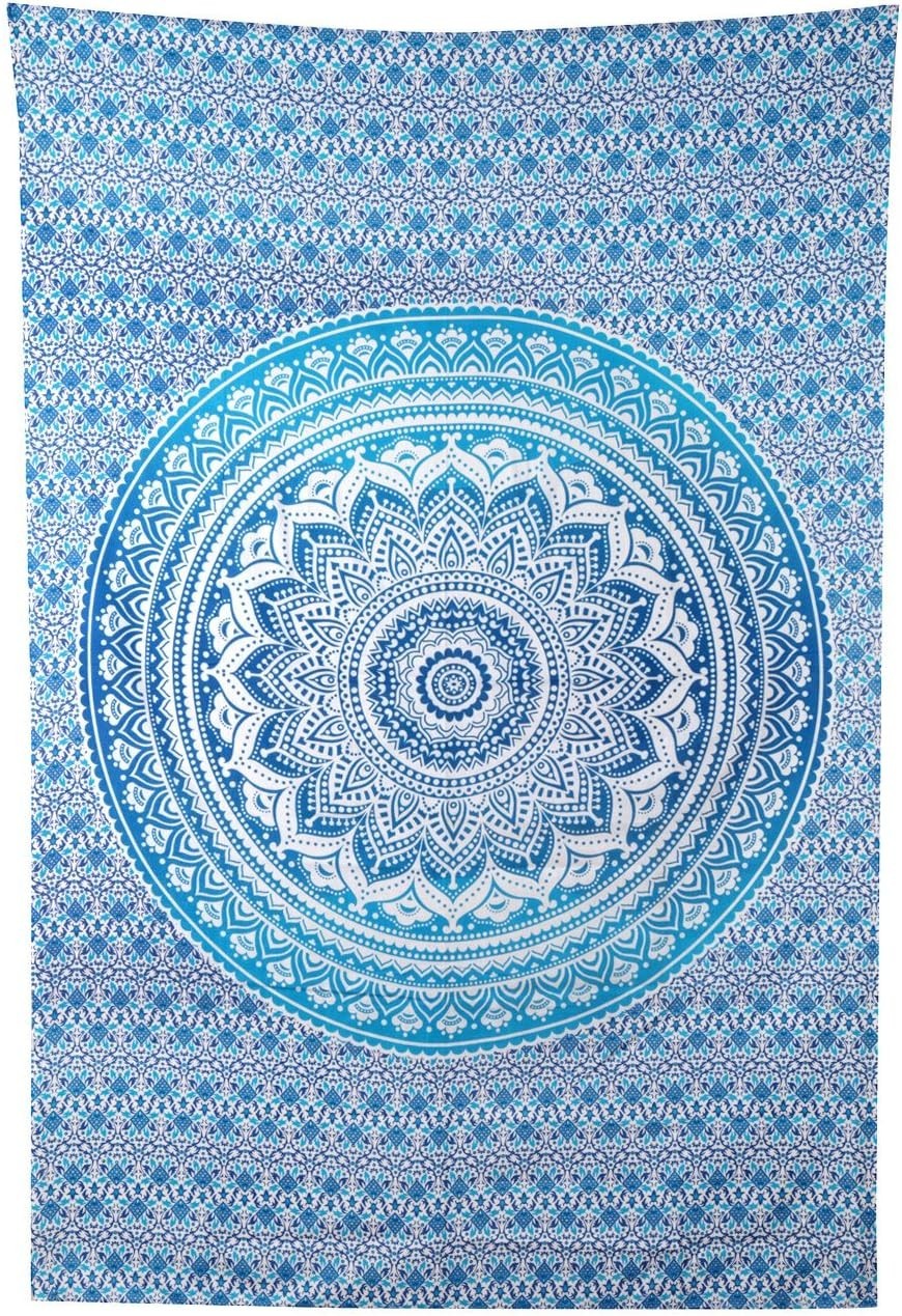 Blue Ombre Cotton Tapestry 127x152cm Boho Wall Hanging Decor