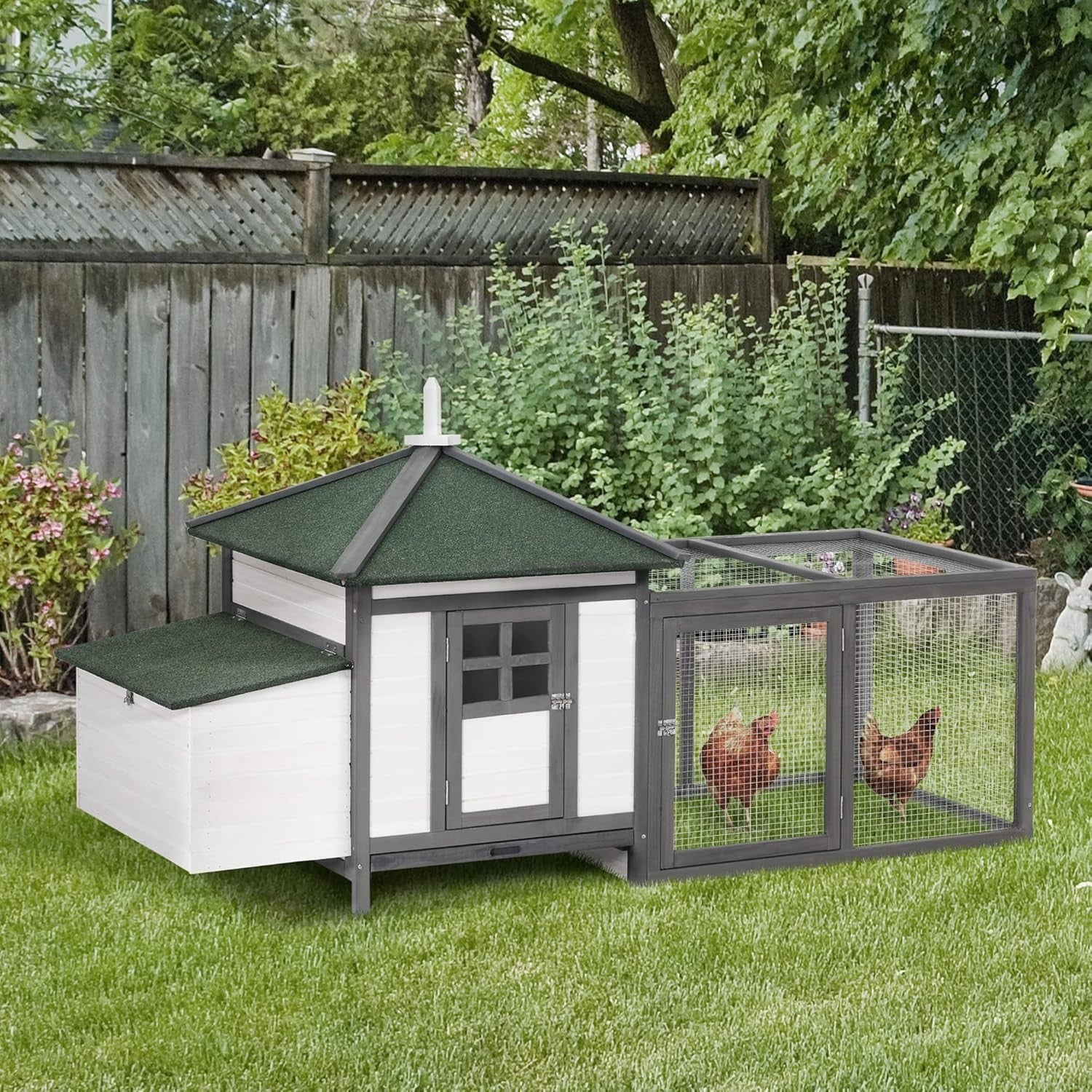 Wooden Chicken Coop with Run Nest Box Open Top Outdoor Hen House Grey