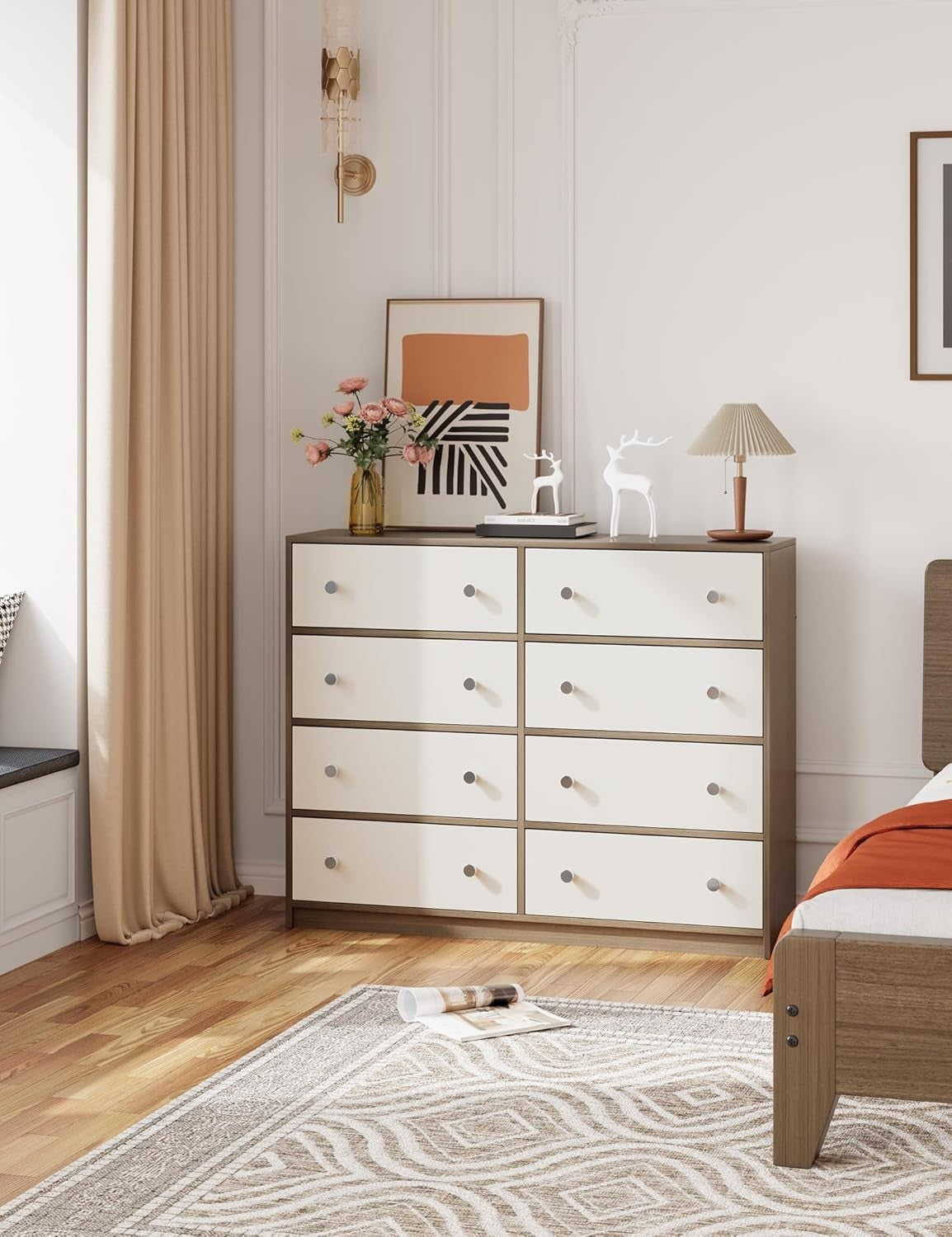 8 Drawer Fabric Chest Storage Unit White Wood Modern Bedroom Cabinet