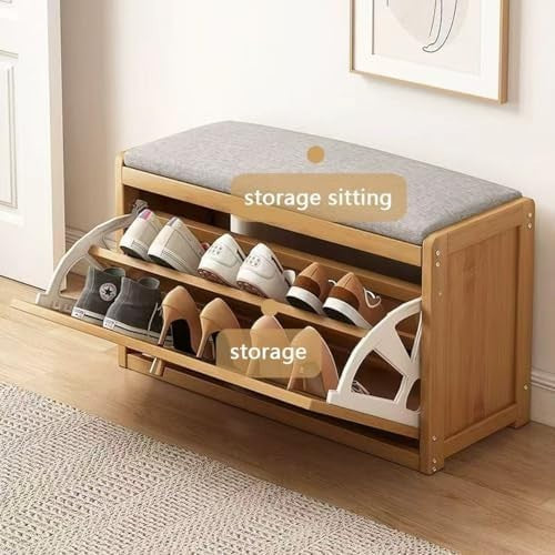 Narrow Shoe Bench 2-Tier Rattan Door Storage Seat Organiser for Entryway