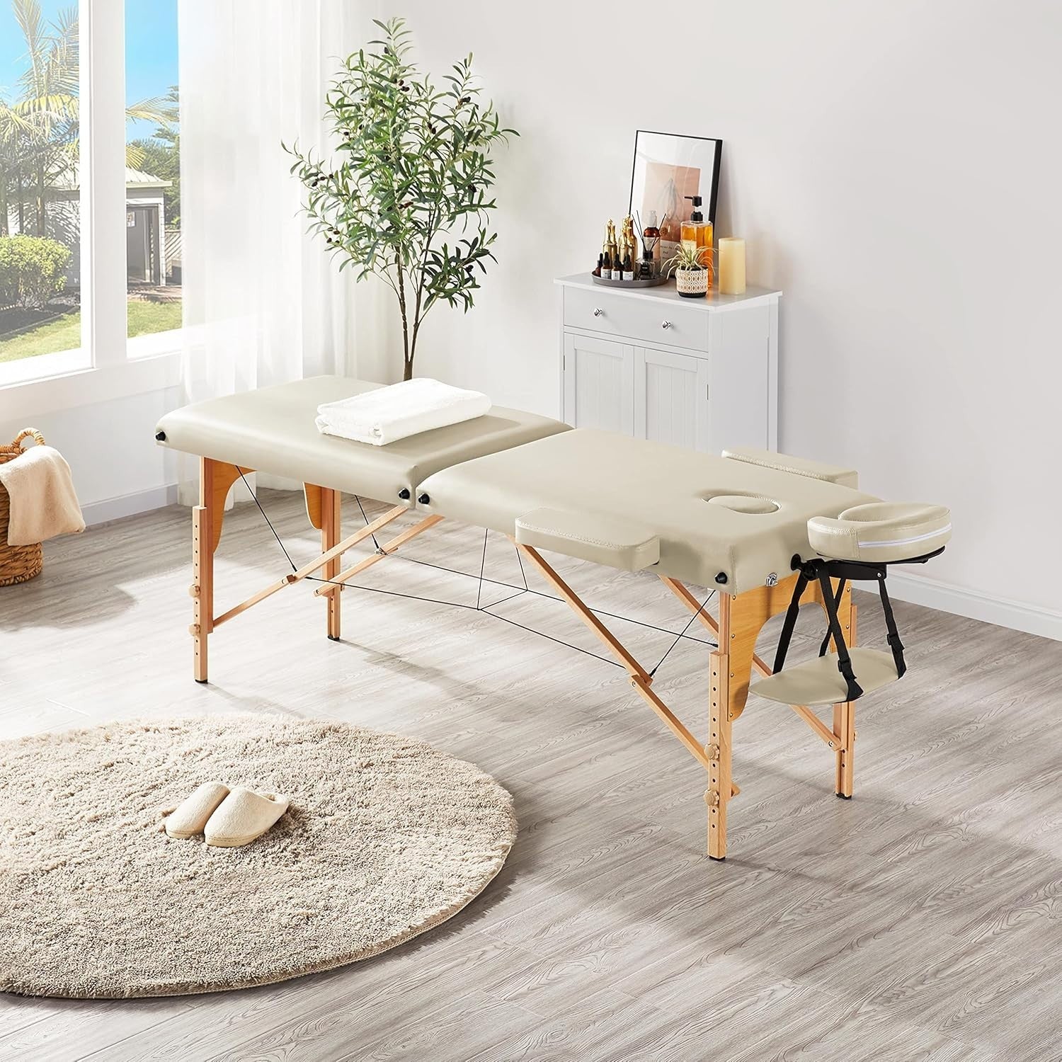 Portable Wood Massage Table Folding 2-Section Beauty Lash Bed Cream 60cm Width