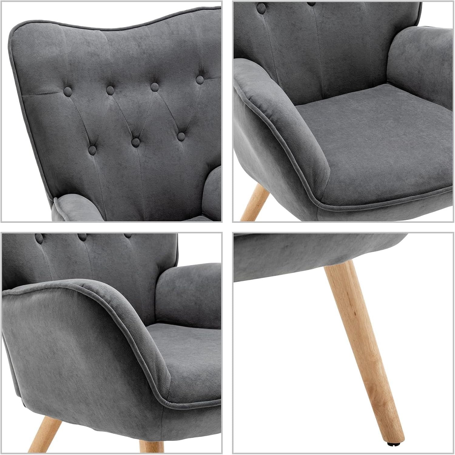 Dark Grey Velvet Armchair with Footstool, Comfy Reading Lounge Chair Set
