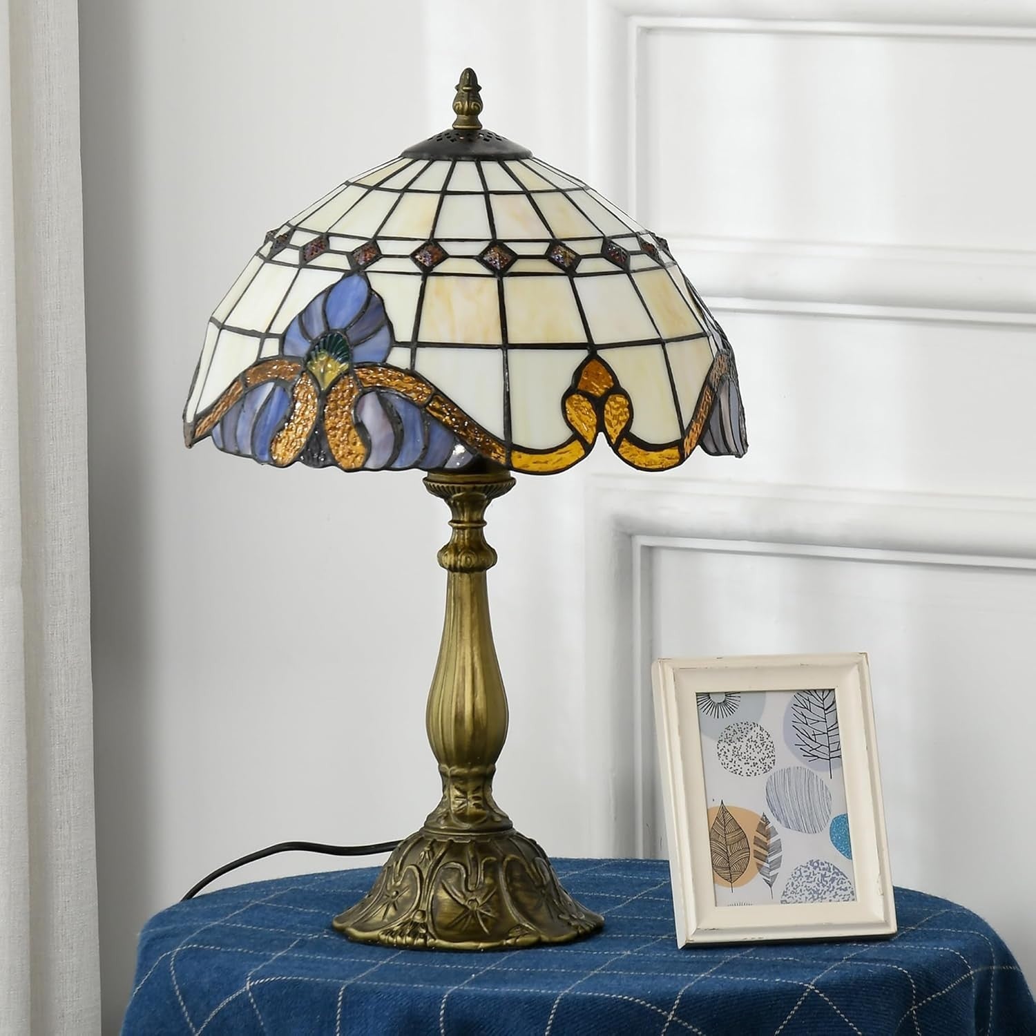 Vintage Stained Glass Table Lamp with Handmade Shade & Antique Base