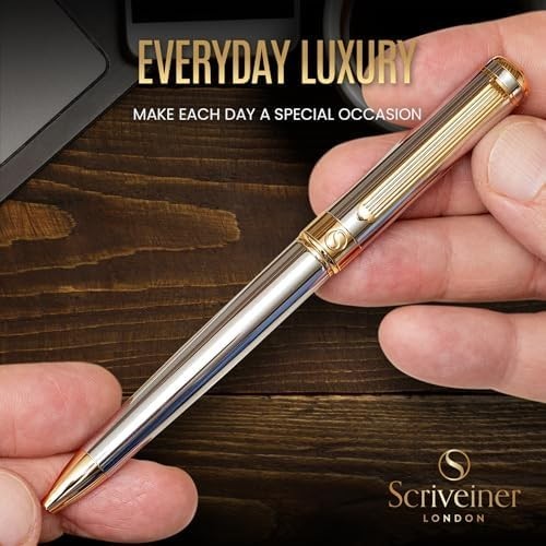 Luxury Silver Chrome Ballpoint Pen Gold Trim Medium Black Ink