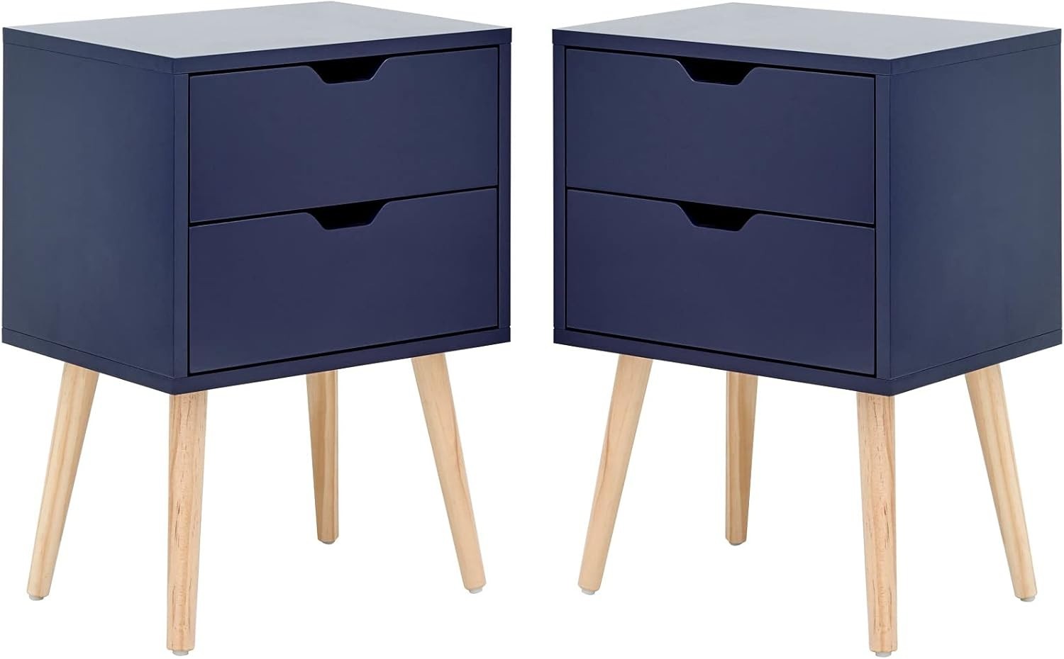 Set of 2 Blue Bedside Tables with 2 Drawers & Pine Legs | Scandinavian