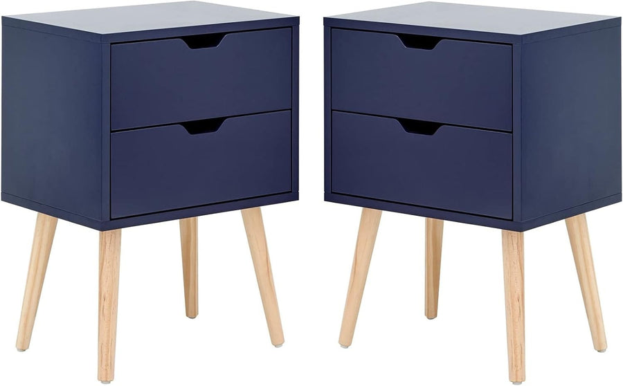 Set of 2 Blue Bedside Tables with 2 Drawers & Pine Legs | Scandinavian