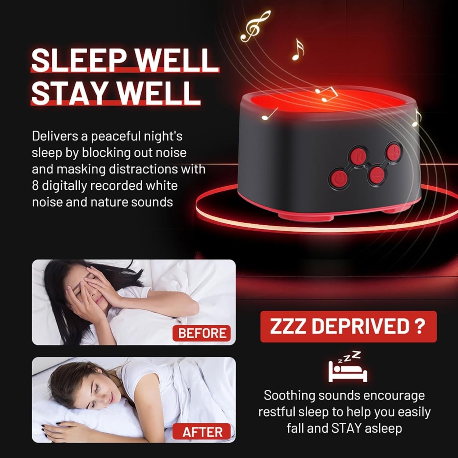 White Noise Sleep Machine with Red Light Therapy | 9 Volumes, 8 Sounds, Recharge