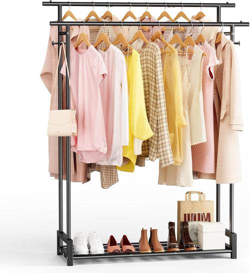 Double Clothes Rail with Shelf & Hooks – Black 150cm