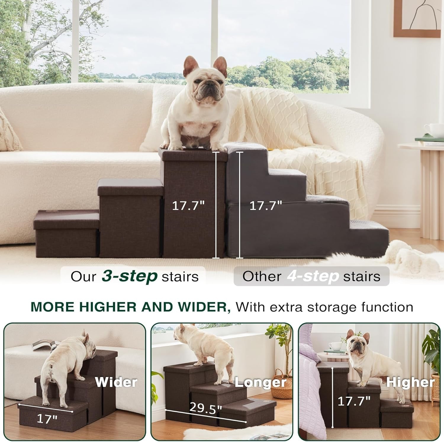Dog Stairs 3 Step with Storage 18" High Foldable Pet Steps Coffee