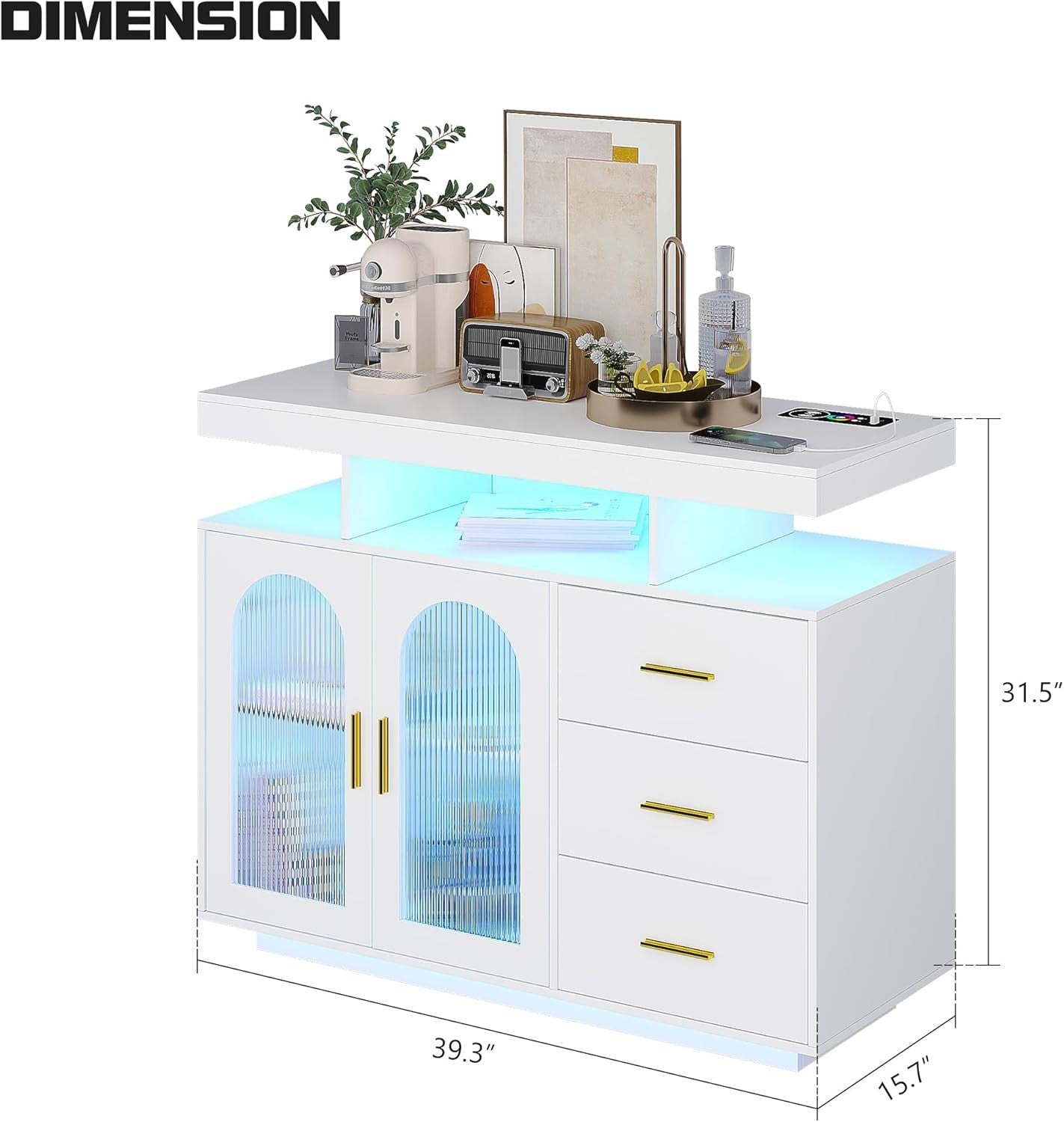 White LED Sideboard Buffet with Wireless Charging, RGB Lighting & USB Ports