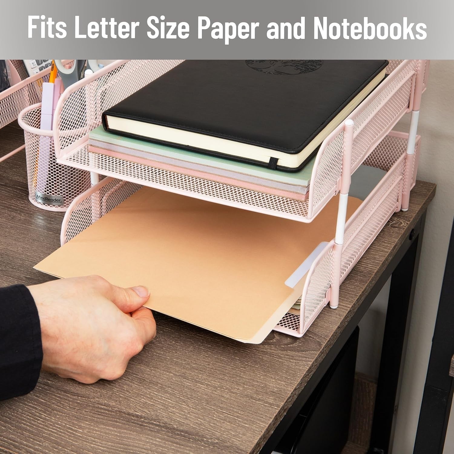 Stackable Metal Mesh Desk Organizer Tray 2-Tier File Storage Pink