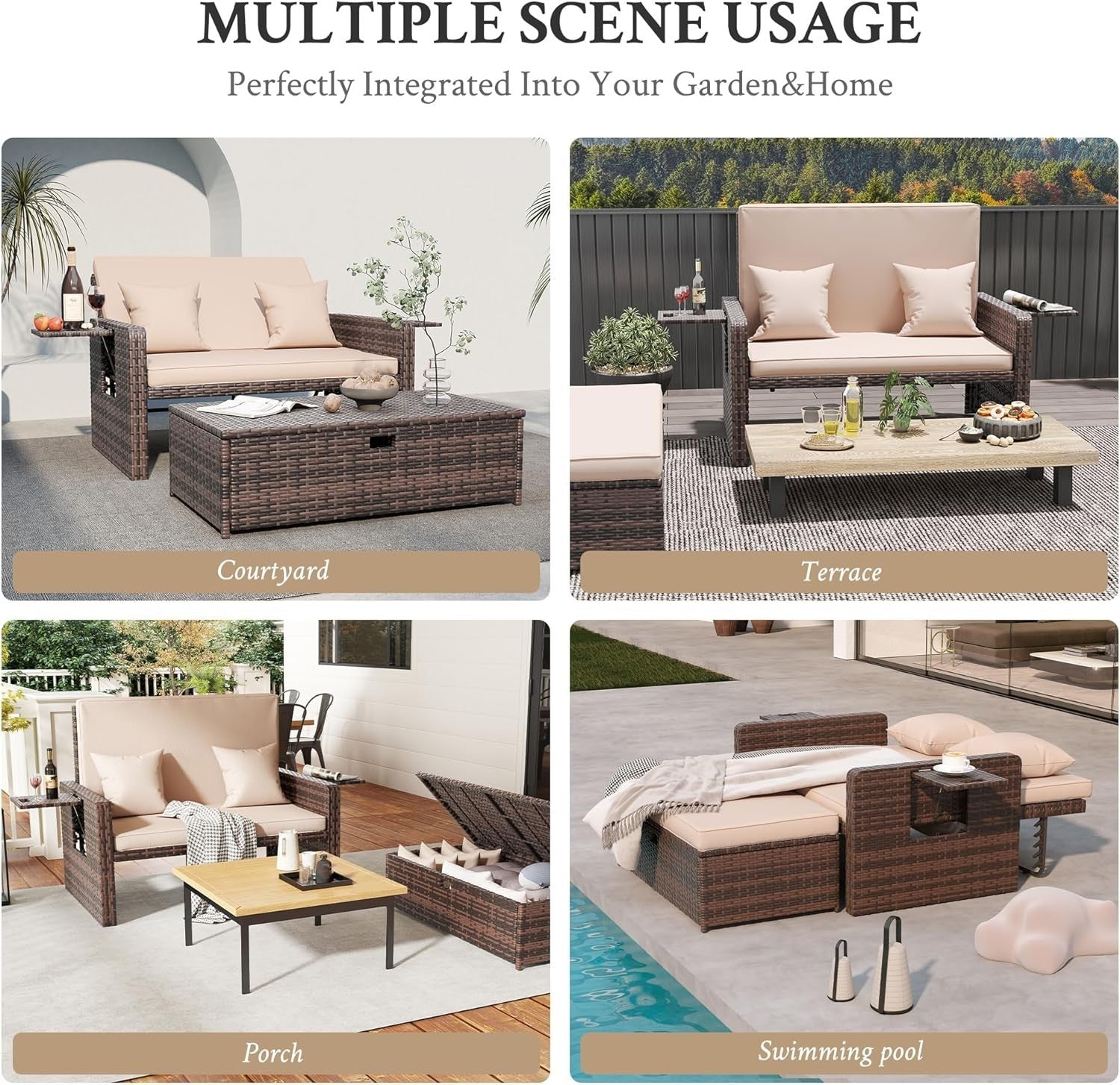 Rattan Daybed Sofa Set Storage Ottoman Cushions Tray Patio Garden Seat