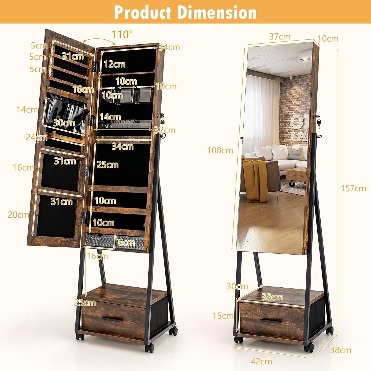 Mobile Jewelry Cabinet with Wheels Lockable Full Length Mirror Organizer