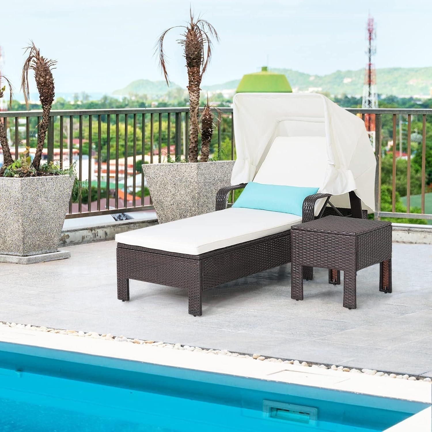 Adjustable 6-Position Rattan Sun Lounger with Canopy, Cushion & Side Table
