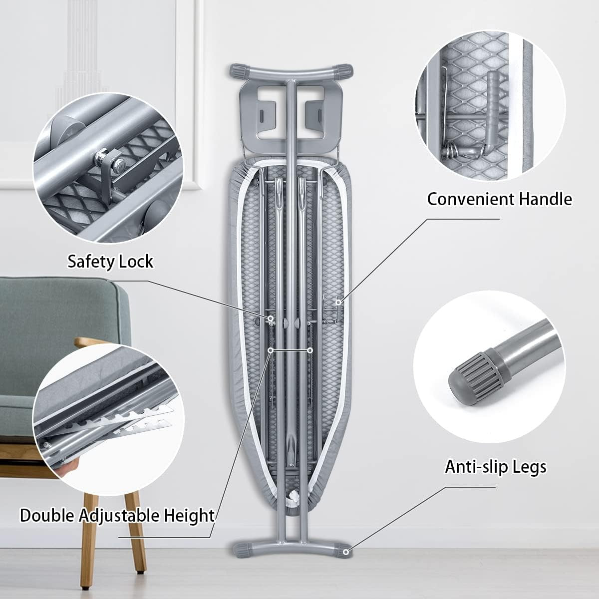Medium Folding Ironing Board Adjustable Height Heat Resistant Silver