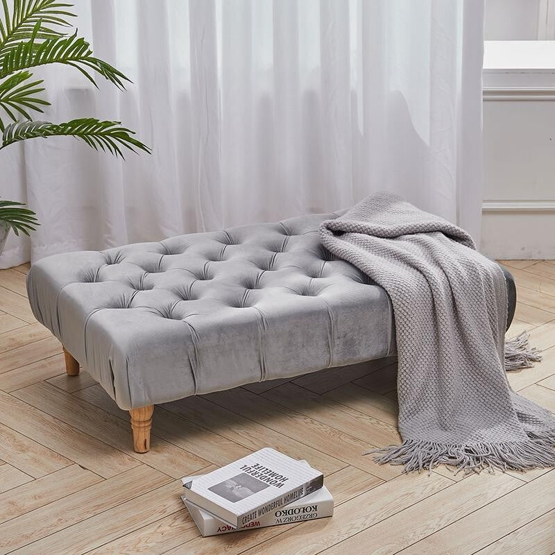 Grey Tufted Rectangle Velvet Footstool Ottoman Seat Bench 100cm Wide