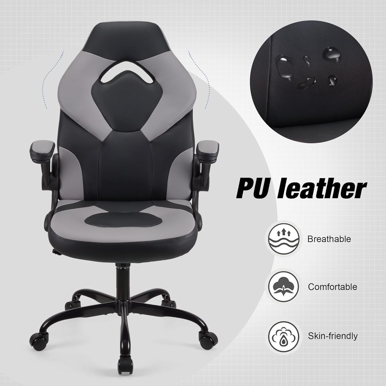 Ergonomic Grey Gaming Chair Office PC Desk Chair Adjustable Height Lumbar PU Lea