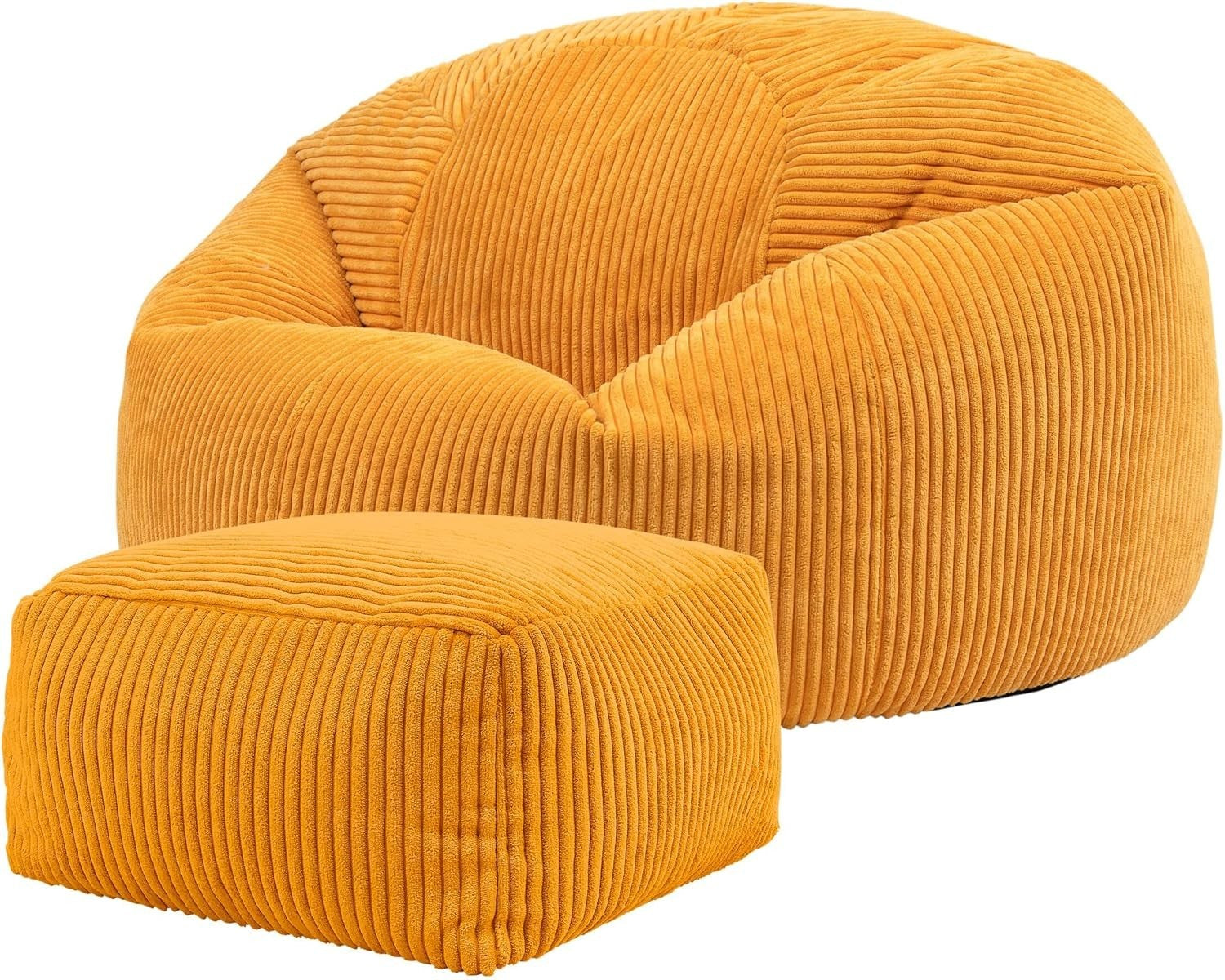 Large Bean Bag with Footstool – Corduroy, Comfy, Adult Lounge Chair, Ochre Yello