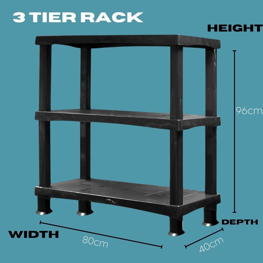 3-Tier Plastic Storage Shelf 40D x 80W x 96H cm Heavy Duty Black