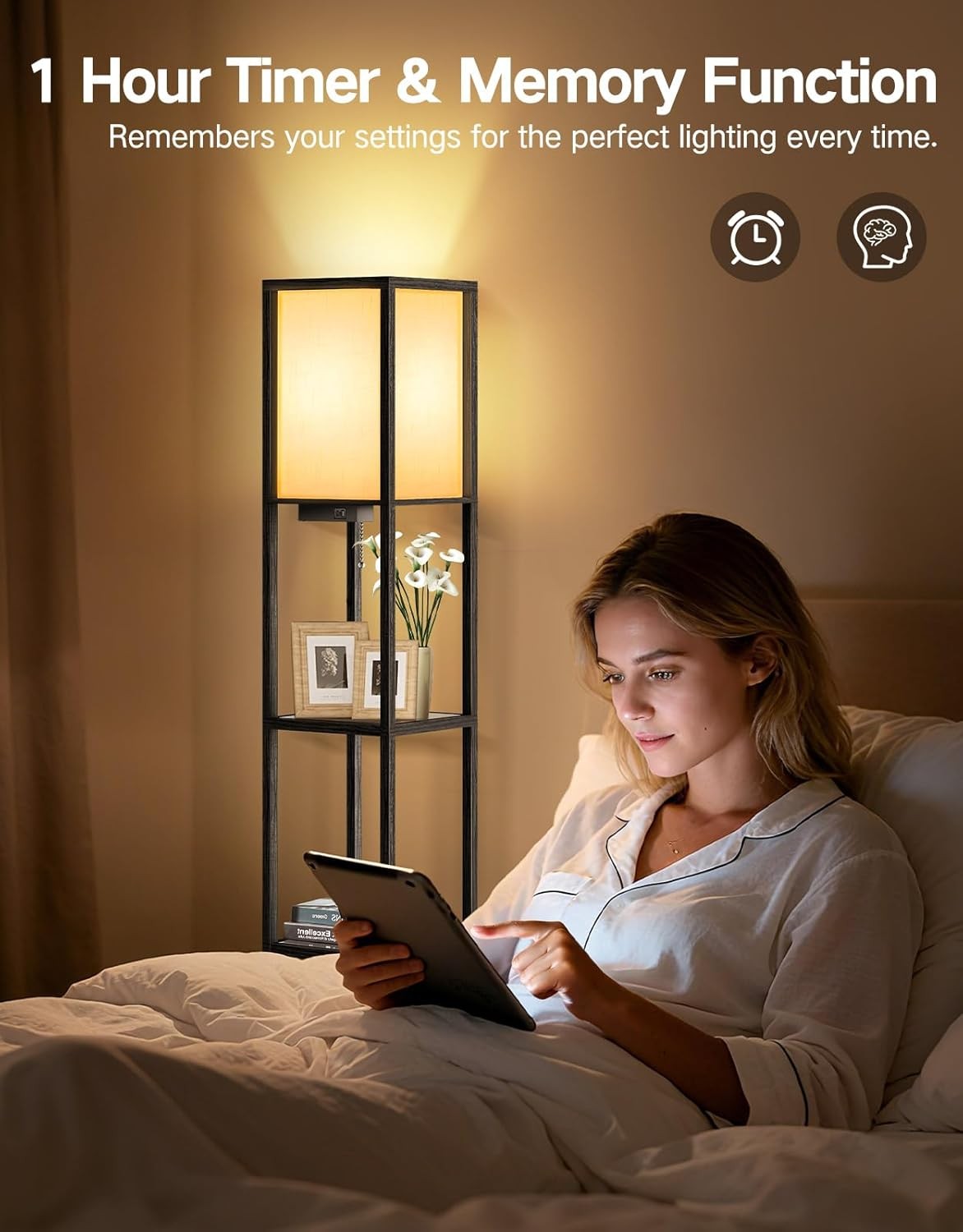 Floor Lamp with Shelves LED Dimmable Remote USB Storage Column Light Black