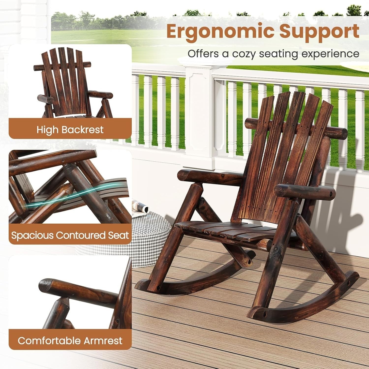 Durable Outdoor Wooden Rocking Chair Set Garden Patio Porch Balcony Relaxer