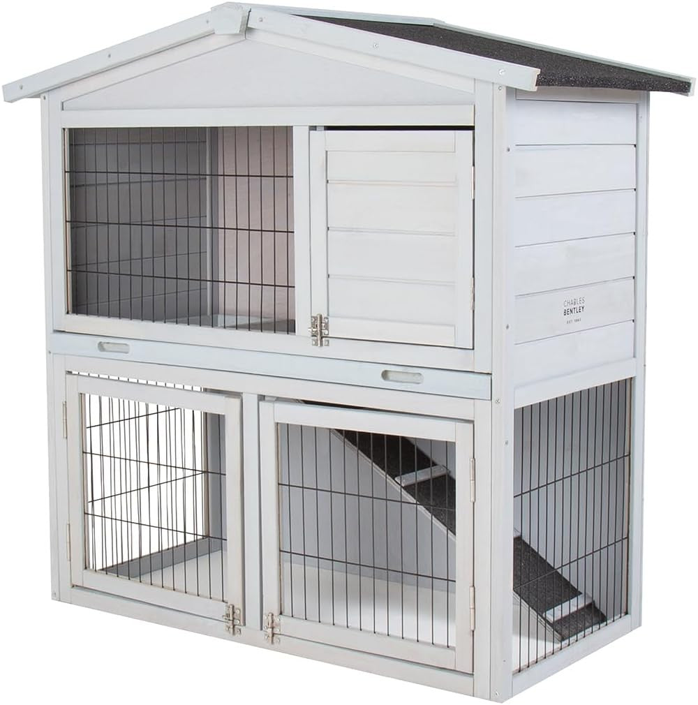 2 Tier Wooden Rabbit Hutch with Run Ramp Secure Locks Outdoor Pet House