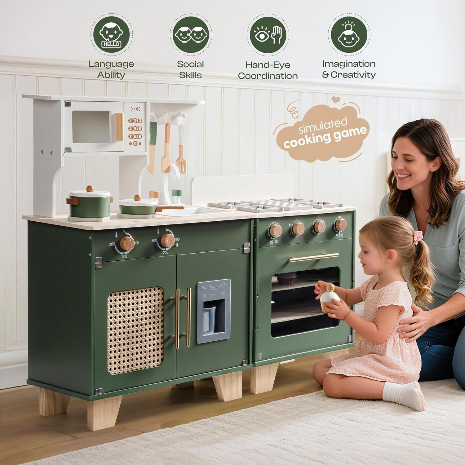 Wooden Kids Play Kitchen 3-in-1 Fridge Oven Sink Green Toy