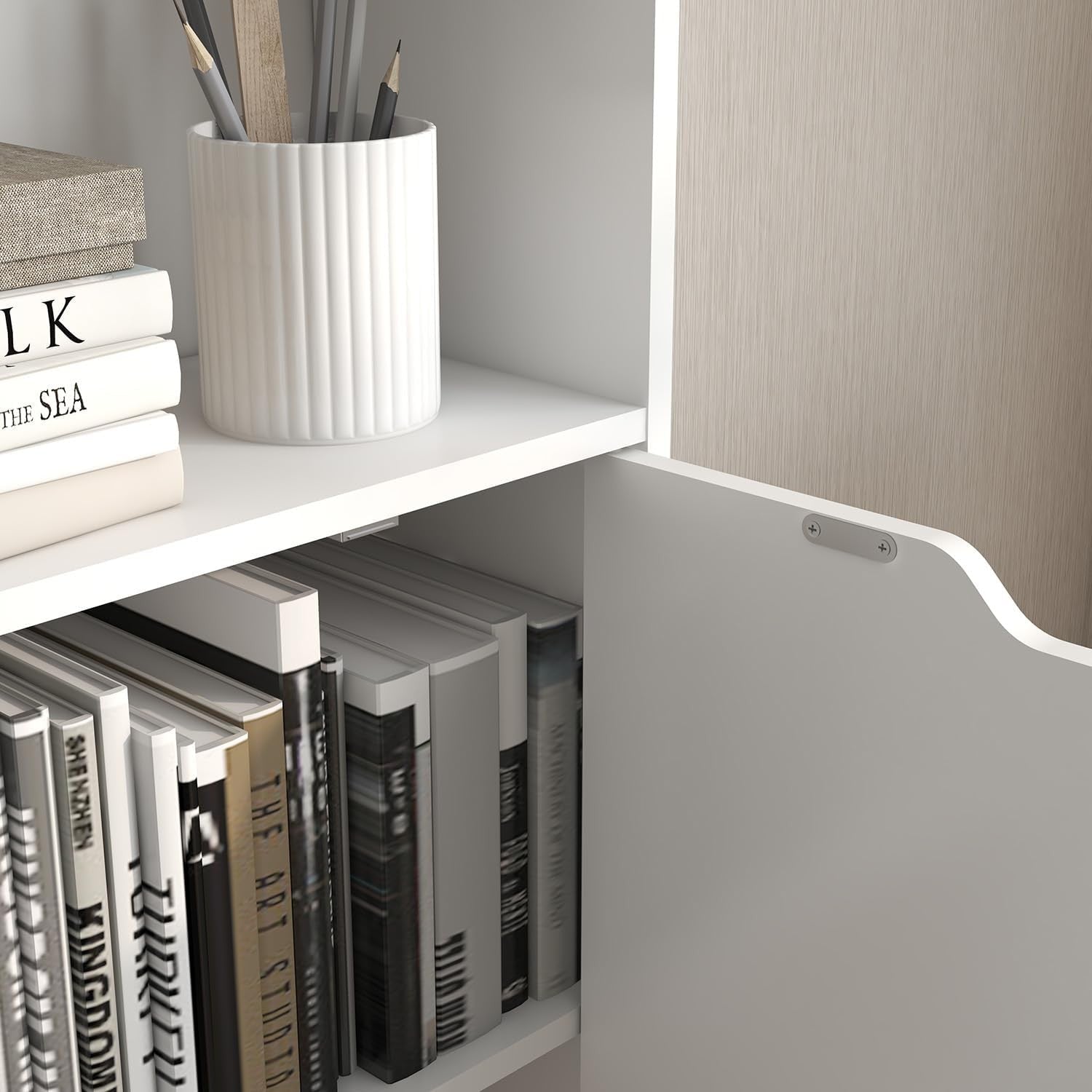 White 6 Tier Tall Bookcase with Doors Modern Storage Cupboard Free Standing Unit