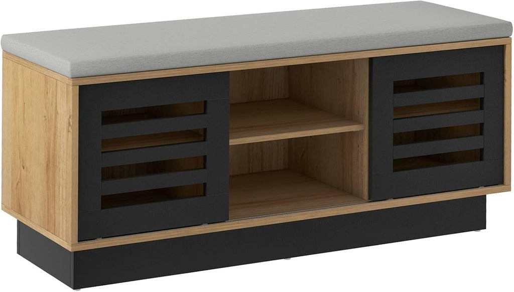 6-Compartment Natural + Black Shoe Bench with Cushion & Adjustable Shelves
