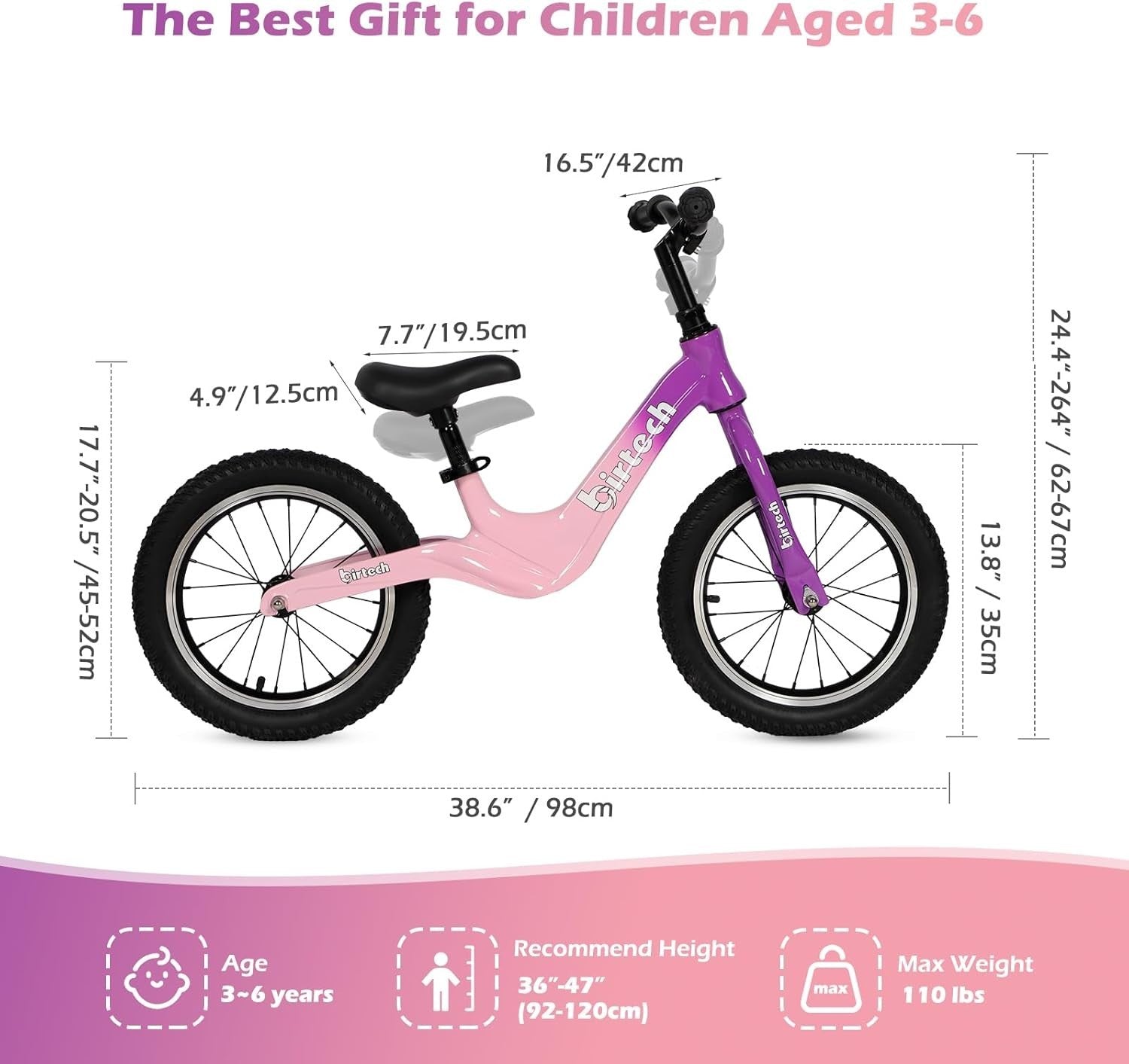14 Inch Balance Bike Kids Air Tire Training Bicycle Adjustable Age 3-6